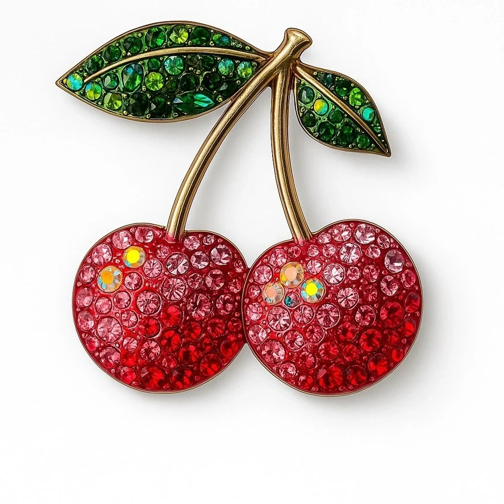 ⚜️🍒 Red Cherry Brooch with Green Leaves 🍃